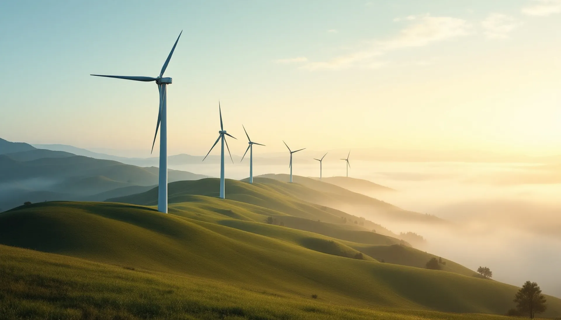 A row of white wind turbines along a green hill ridge at sunrise, RotorCover personal loan requests $100 to $5,000